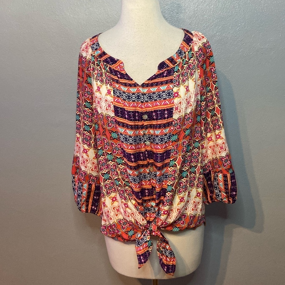 Figueroa & Flower Blouse Top 3/4 Sleeves Tie Hem PL